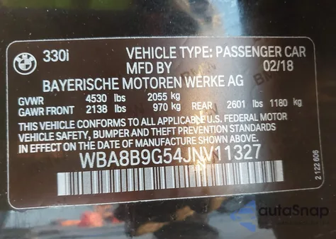 2018 BMW 330I z USA, uszkodzony, nr VIN WBA8B9G54JNV11327